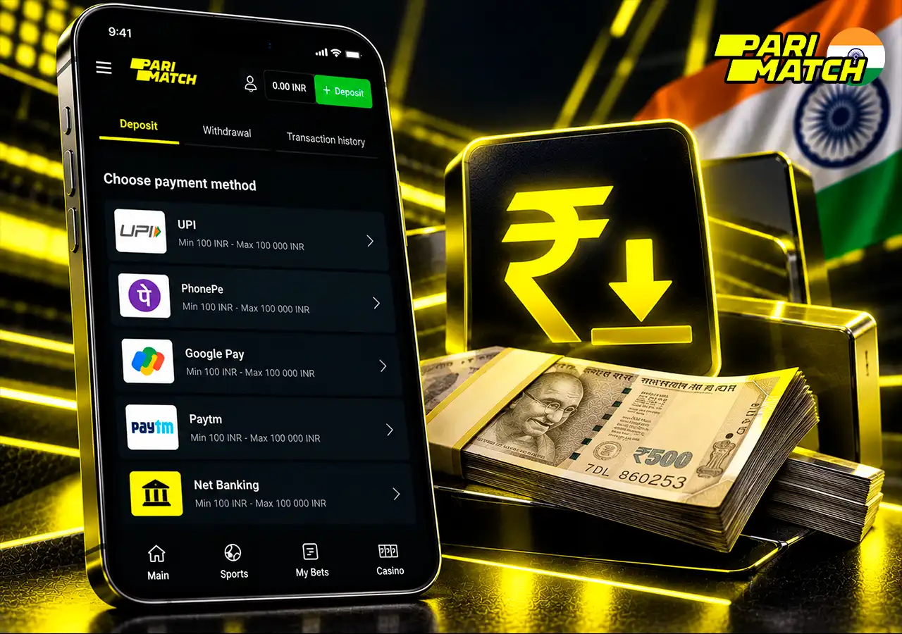 Parimatch cashier on mobile with INR, rupee notes and a simple deposit marker.